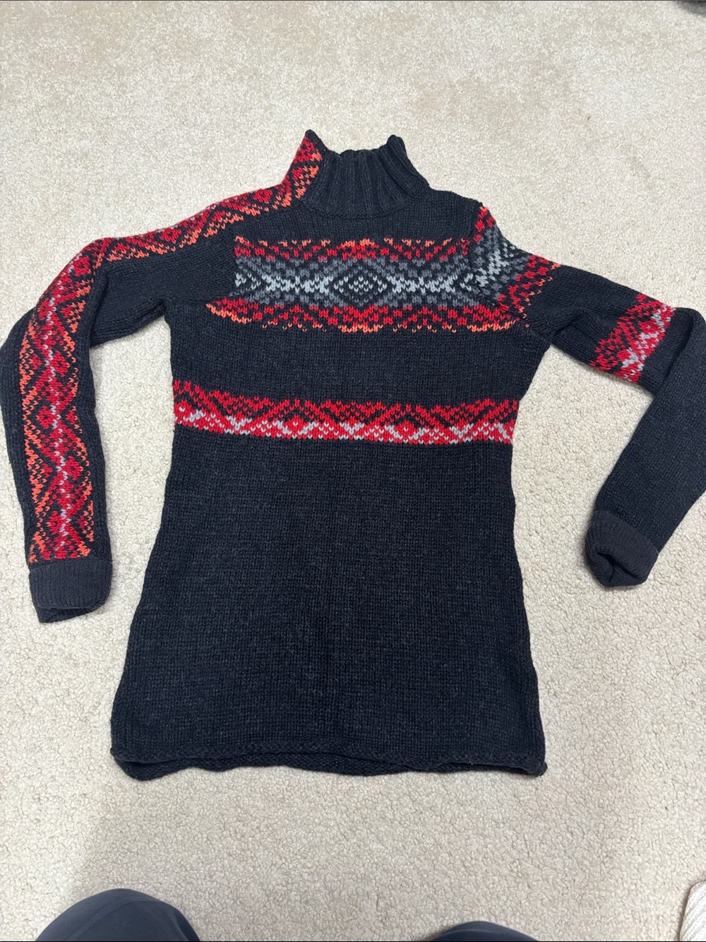 Smartwool Black Turtleneck Sweater with Red and Gray Fair Isle Accents